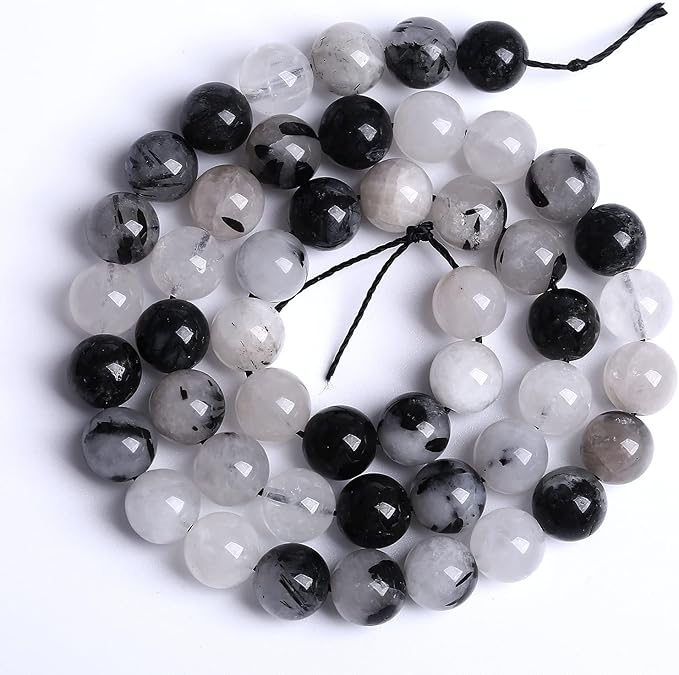 AAA Natural Black Quartz Rutilated Beads Round Loose Beads for Jewelry Making DIY Bracelet 45pcs 8mm Crystal Energy Healing Power Stone (Black Rutilated Quartz Crystal, 8mm)
