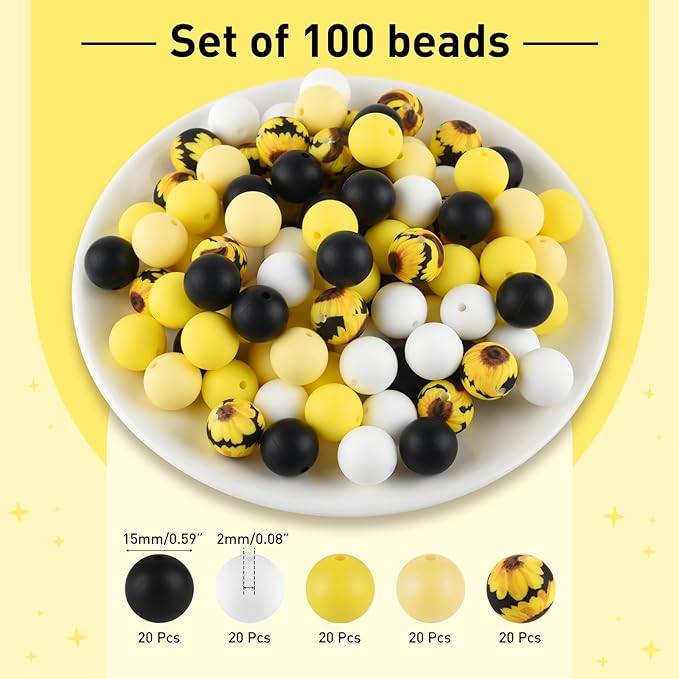 ASTARON 100 Pcs 15mm Silicone Beads for Keychain Making, Yellow Black Round Beads for Bracelets Beadable Pens Decorations Crafts Making Party Favours Supplies