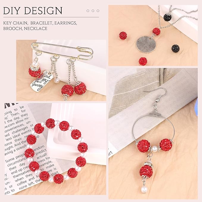 100 pcs 10mm Rhinestone Beads for Jewelry Making, Red Shiny Round Shamballa Disco Beads Bulk, Sparkle Crystal Clay Christmas for Bracelet Baseball Necklace Earring Crafting and DIY