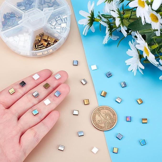 NBEADS 240 Pcs 6 Colors 2-Hole Beads, 5 * 5mm Glass Square Electroplate Seed Beads Pony Japanese for Jewelry Design Necklace Bracelet Earring Making