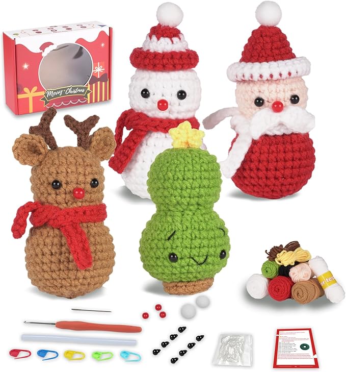 4-in-1 Christmas Crochet Kit | Make Snowman, Santa, Reindeer & Tree | DIY Holiday Ornaments & Festive Decor | Beginner Friendly Gift Set with Video Tutorial