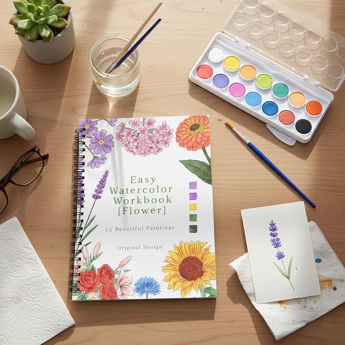 Watercolor Workbook,15 Flower Patterns of Original DIY Designs,Beginner-Friendly Water Color Workbooks,Water Coloring Book for Adults