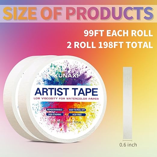 2 Packs Art Tape, Artist Tape for Watercolor Paper Low Tack White Painters Tape for Drafting Art Painting Canvas Framing Acid Free Masking Tape-0.6IN Wide 198FT Long Total