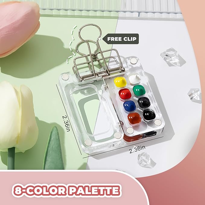 Mini Watercolor Paint Set Portable, Travel Grid Paint Palette Box with Binder Clips Include 12 Colours, Brush*3 and Picture Album Art Materials Coloring Markers for Travel, Creative Drawing Kit for Beginners and Art Enthusiasts