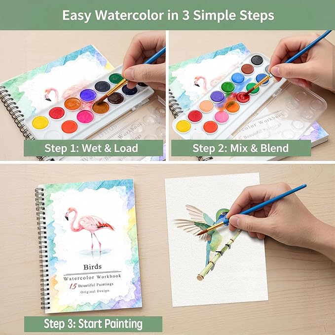 SLWBZ Watercolor Workbooks Coloring Book, Beginner Friendly Painting Kit, Easy Exquisite with Steps, Creative Exploration Watercolor Book with Paint Set for Adults Teens (Pink Flamingo, with Paint)