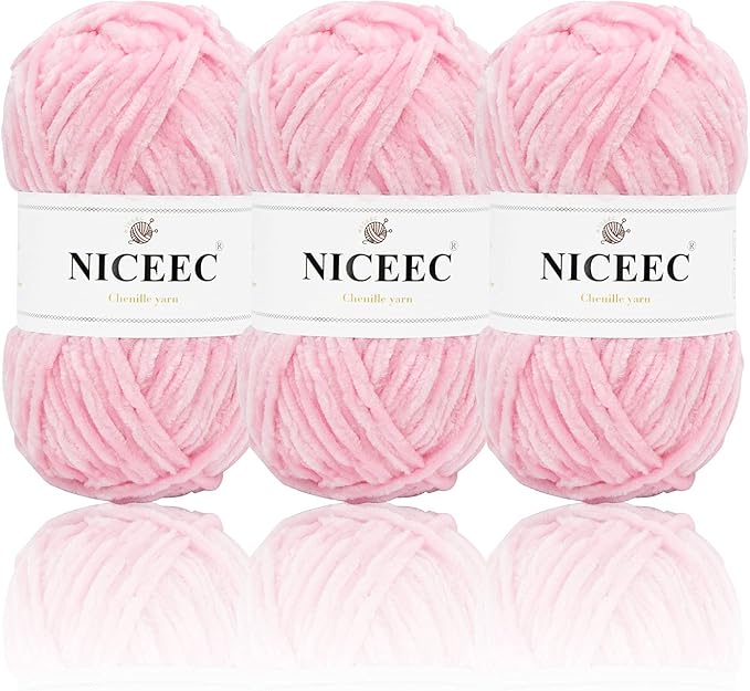 NICEEC 3 Skeins Soft Chenille Yarn Blanket Yarn for Knitting Fancy Yarn for Crochet Weaving DIY Craft Total Length 3×85m (3×93yds, 3×50g)_Light Pink