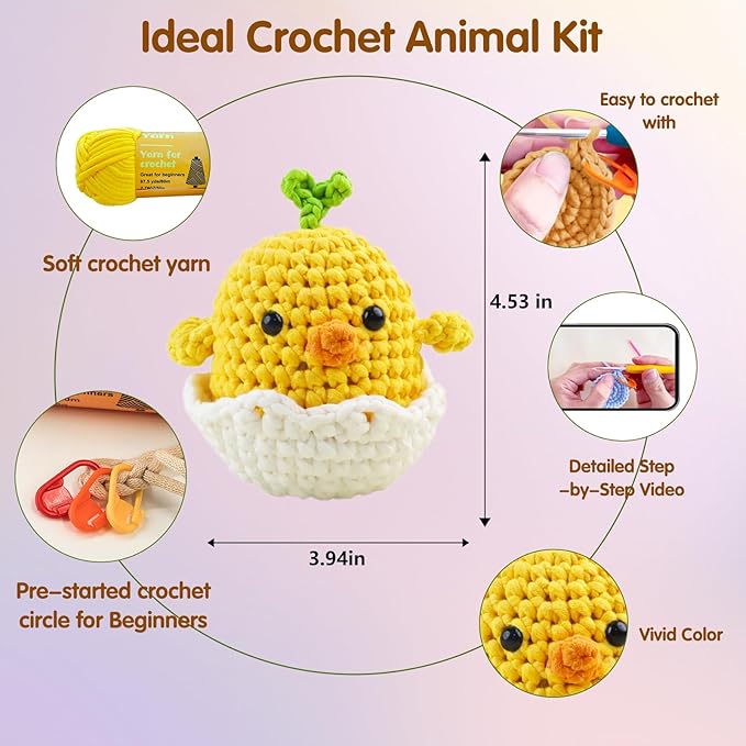 Zepiany Crochet Kit for Beginners, Bunny Egg-Chick Amigurumi Knitting Kit with Crochet Yarn, Easy Crocheting Kit for Beginner Starter Adults with Step-by-Step Video for Easter Women's Day Gift