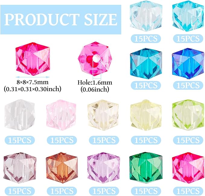 FASHEWELRY 210 Pcs Clear Acrylic Cube Beads - 8mm Faceted Crystal Square Cube Spacer Beads for Bracelets, Necklace, Earrings & DIY Jewelry Making