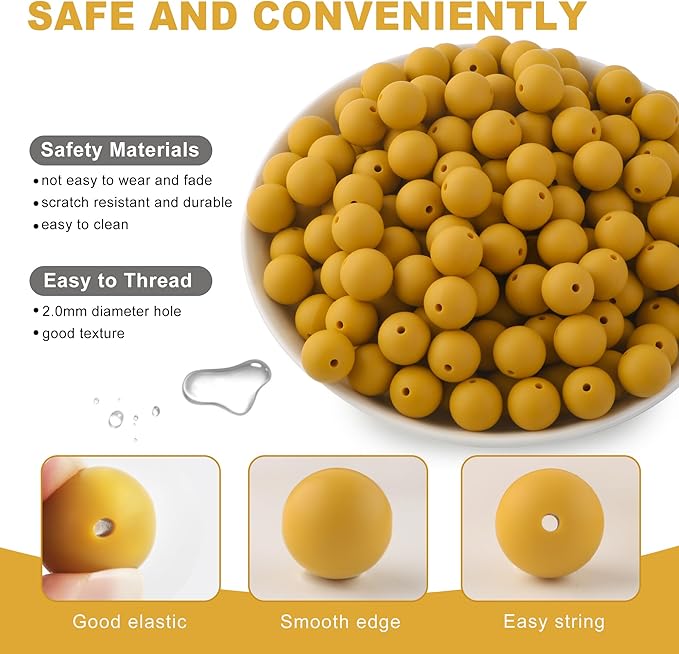 150Pcs 15mm Silicone Beads for Keychain Making Bracelet Necklace, Bulk Round Silicone Beads for Pens(Mustard Yellow)
