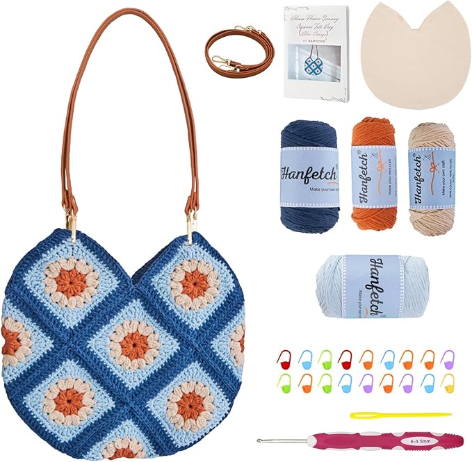 Hanfetch Crochet Kit for Advanced or Intermediate Beginner, Step by Step Video Tutorial and Detailed Guide Instruction DIY Craft Supplies for Adult and Kid with Complete Kit for Granny Square Tote Bag