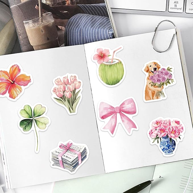 55 pcs vintage pink stickers, waterproof retro aesthetic stickers for water bottles,laptop scrapbook journaling decorative decals for adults