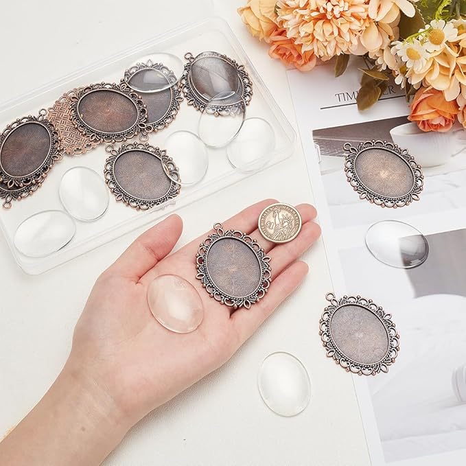 PH PandaHall 20pcs Pendant Trays Kit, 10pcs Oval Blank Bezel Pendant Settings, 10pcs 40x30mm Glass Cabochon Dome Tiles for Bridal Wedding Photo Charm Bouquet Graduation Making DIY