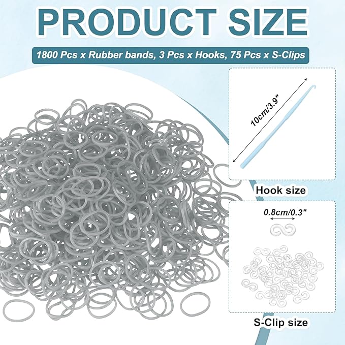 MECCANIXITY 1800 Pcs Loom Rubber Bands Kit with 75 Pcs S-Clips 3-Hooks Rubber Bands Refill Bracelet Making Kits for Weaving DIY Handcrafts Gift, Gray
