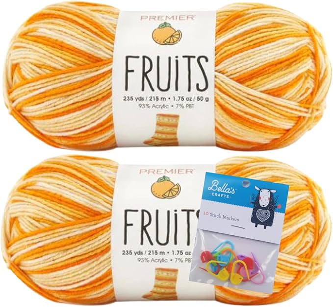 Premier Yarns Fruits, Acrylic Sock Yarn, 2-Pack Bundled with Bella's Crafts Stitch Markers (Orange)