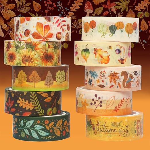 Autumn Washi Tape Set 10 Rolls - Yellow Leaves & Flowers Masking Decorative Tapes for Bullet Journal, Planner, DIY Arts Crafts, Scrapbooking Party Favors (Autumn)