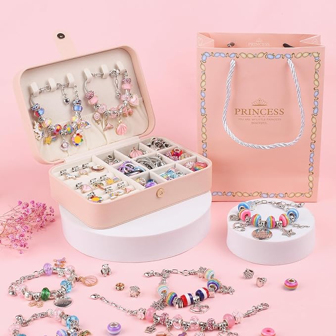 UFU Charm Bracelet Making Kit, 120Pcs DIY Jewelry Making Kit Arts & Crafts Gift for Girls 5 6 7 8-12, A Sweet Birthday Gift & Toy to Inspire Imagination & Creativity, with Portable Jewelry Box