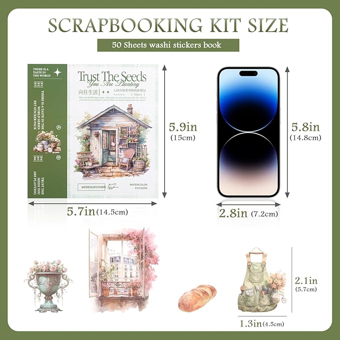 RISYPISY Pre-Cut Garden Washi Sticker for Journaling 50 Sheet Nature Scrapbooking Stickers Ephemera for Junk Journal Supplies 368PCS Scrapbooking Supplies for Bujo Planner Collage Crafts