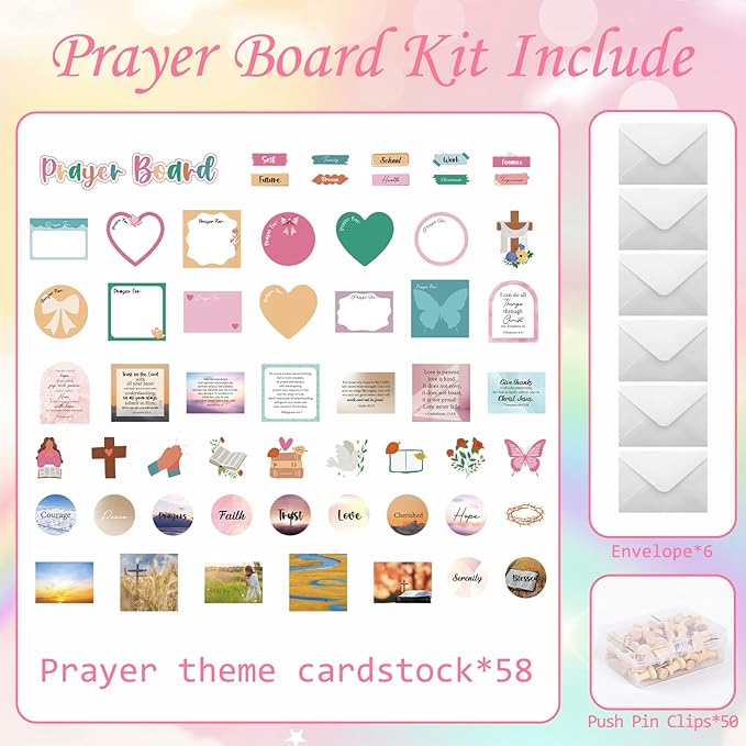 Boho Prayer Board Kit - 114 Pcs Prayer Board Supplies with Pins Envelope Bible Verse Quotes Cards Colorful Motivational Vision Boards Decorations, Bible Study Supplies (Not Including Board)