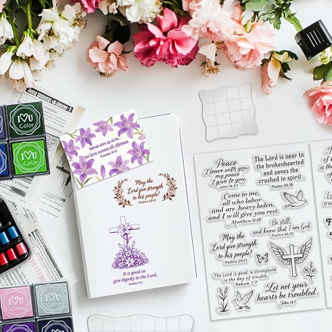 6Pcs Christian Bible Verse Clear Stamps for Card Making Easter Blessing 20 Craft Ink Pad 3 Acrylic Stamp Block Silicone Stamp with Greeting Words Rubber Stamps for Crafting DIY Scrapbooking