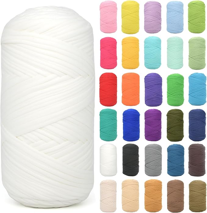 Tshirt Yarn for Crocheting,White T Shirt Chunky Elastic Fabric Thick T-Shirt Crochet Yarn for Beginners Crocheting Hand Knitting Bag/Basket/Coasters/DIY Crafts/Home Decor 200G(White