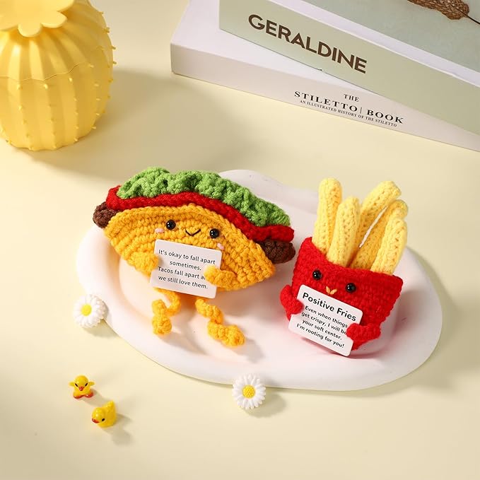 TOYMIS French Fries and Taco, Positive Knitting Food Doll Set Support Plush for Couple Friend Encouraging Toys Gift