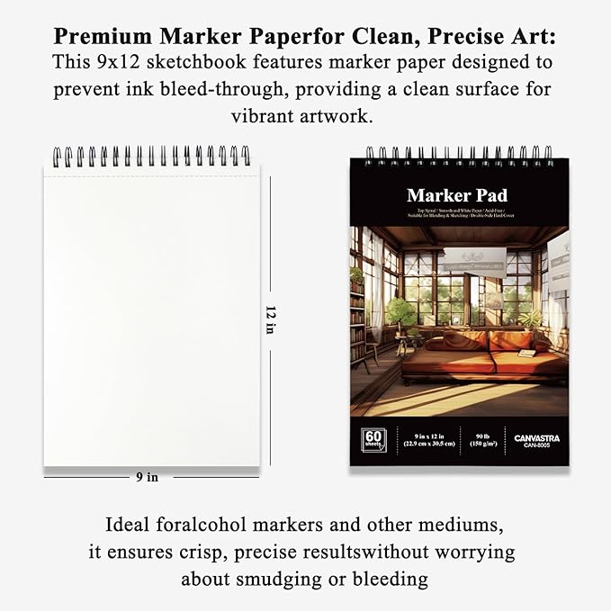 marker paper sketchbook 9x12, 60 sheets marker pad for alcohol markers, 90lb/150gsm paper for markers with no bleeding, sketch book for alcohol markers bleedproof for adults, artists, beginners, kids.