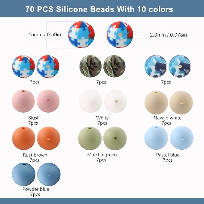 70Pcs Print Silicone Beads for Keychain Making,Round 15mm Silicone Beads for Pens, Necklace and Bracelets Making（Camouflage Print）