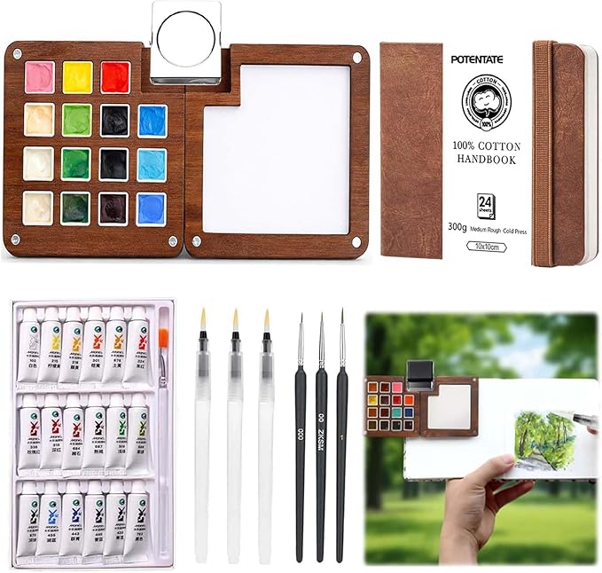Mini Watercolor Paint Palette Set - Travel Watercolor Set, Pocket Artist Water Color Travel Set with 18 Colours, Paintbrushes, Watercolor Pens, Wooden Palette Box for Painters Artists Students