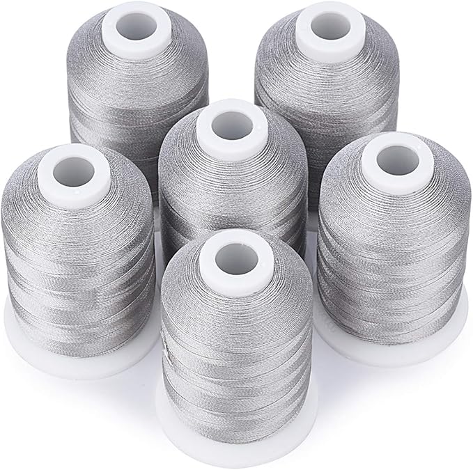 Simthread 6 Silver Polyester Machine Embroidery Threads 1000M(1100Yards) for Brother Babylock Janome Pfaff Singer Bernina Home Embroidery and Sewing Machines (Silver)