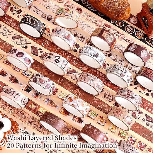 20 Rolls Coffee Theme Washi Tape Set, Writable Decorative Tapes for Scrapbooking, Junk Journal Supplies, Bullet Journaling, Bullet Journaling, 0.6"x79" per Roll