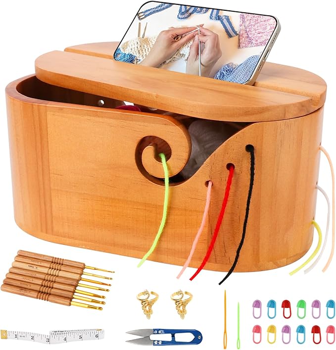Large Wood Yarn Bowl with Lid, Crochet Yarn Holder with 7pcs Knitting Hooks, No-Tangle Design, Yarn Storage Crochet Bowl Knitting at Home, Café, Park, Craft Gatherings Rectangle