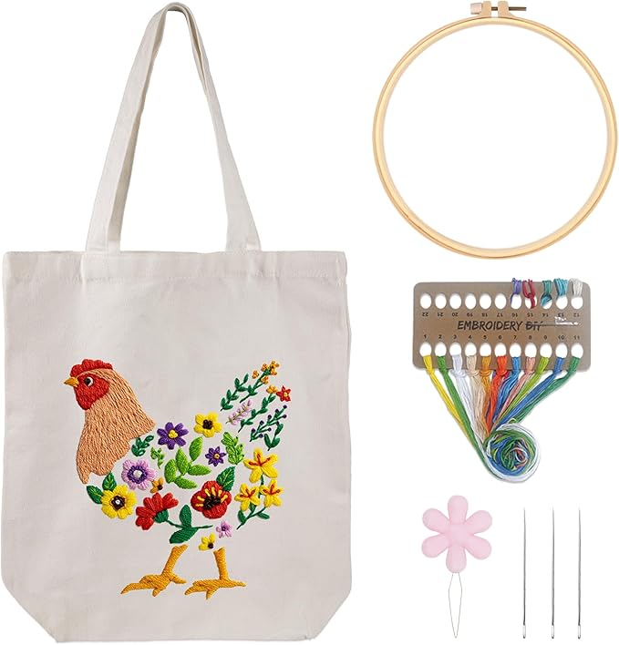 louise maelys embroidery kit canvas tote bag for beginners,cross stitch kits for adults,diy hen flowers pattern,women shopping reusable grocery bags