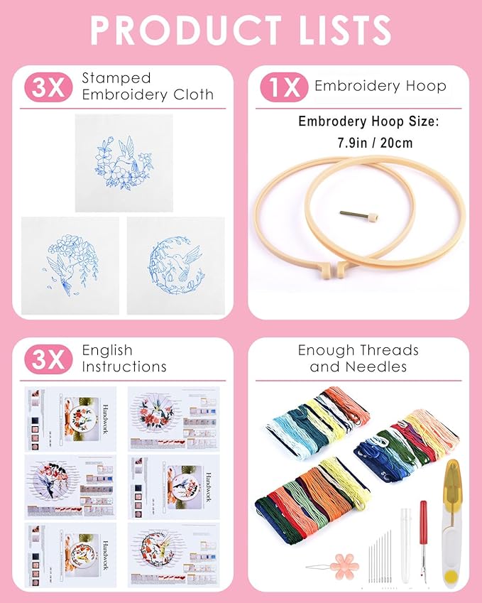 TINDTOP Hummingbird and Flower Embroidery Kit for Adults