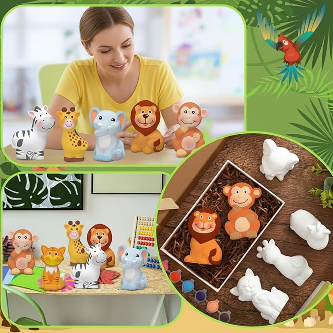 Gemscream 6 Sets Animal Painting Craft Kits Wild Animal Ceramics to Paint Safari Ceramics Ready to Paint for Activities Figurines Art Supplies Gifts(Jungle)