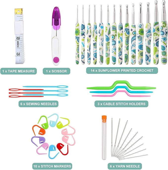 Looen Crochet Hooks Set, 14 Sizes 2.25mm(B)-10mm(N) Ergonomic Handle for Arthritic Hands, Soft Rubber Grip Knitting Needles Kit for Crochet Beginners, Knitting Enthusiasts(Green)