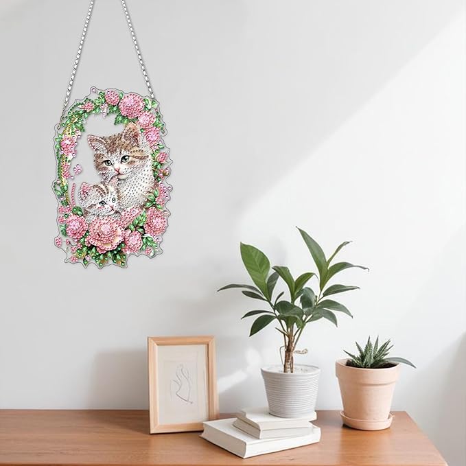 NAIMOER Diamond Art Hanging Kits for Adults, Flower Cat Diamond Art Suncatchers, 5D Special Shape Fall Diamond Painting Pendant Window Ornament Gifts for Home Garden Door Wall Decor