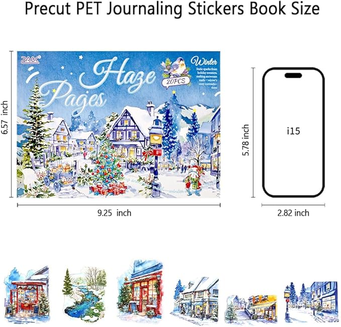 Transparent PET Winter Landscape Sticker Book for Journaling, 20 Sheets Large Pre-Cut Scenery Stickers for Scrapbooking Supplies, Collage Decorative, 9.25 x 6.58 inches