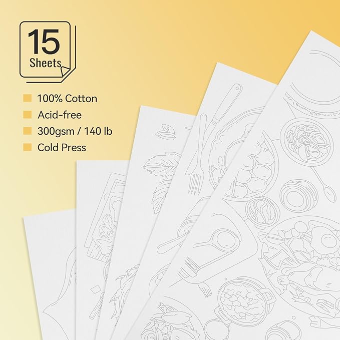 Lightwish Watercolor Coloring Book for Adults & Beginners,100% Cotton 300gsm/140lb Acid-Free Cold Press Paper, 8.3 x 5.6 Inches,15 Sheets,Food-Themed