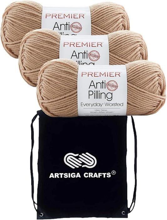 Premier Yarns Everyday Anti-Pilling Solid Parchment DN100-70 (3-Skeins - Same Dye Lot) #4 Worsted Weight Acrylic Yarn for Crocheting and Knitting with Project Bag
