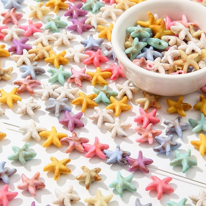 200pcs Acrylic Starfish Beads Ocean Sea Theme Turtle Charms Summer Hawaii Beaded for Jewelry Making Beading Kit Bracelets DIY Supplies (Color Starfish)