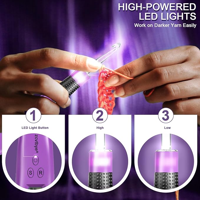 Light Up Crochet Hook Set with Digital Counter, 18 Size Interchangeable Ergonomic Crochet Hooks (2.0–14.0mm), USB Rechargeable Lighted Crochet Hook Kit with Case for Arthritic Hands & Beginners