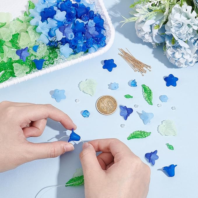 NBEADS About 417 Pcs Frosted Acrylic Assorted Beads Kit, 300 Pcs Acrylic Flower and Leaf Beads 87 Pcs Round Glass Beads 30 Pcs Brass Ball Pins Jewelry Making Supplies Kit for Earring Bracelets Making