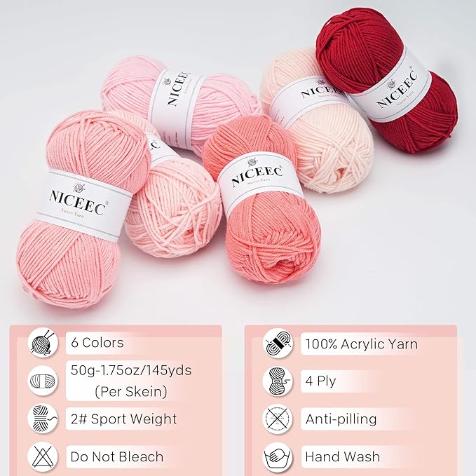 NICEEC 300g Soft Assorted Colors Yarn - Sport Weight,100% Acrylic, 4 Ply, Bonbons Yarn for Crochet & Knit, DIY Project Starter Kit for Kids or Adults(Total 870yds) - Pink Series