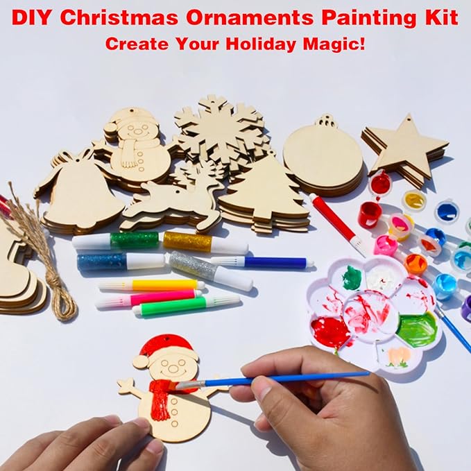 Christmas Ornaments Craft Kit, 48 Pcs Blank Wood Slices for Painting with Paint Pens and Brushes, DIY Wooden Christmas Ornament Set for Tree Decorations, Family Holiday Activities and Gifts