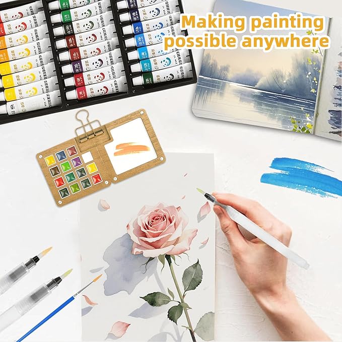 Mini Watercolor Paint Set, Portable Travel Watercolor Kit with 24 Colors, 3 Brushes, Sketchbook and Copper Clip, Pocket Art Supplies for Beginners, Artists, Painting Enthusiasts