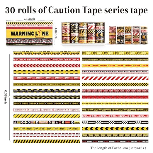 30 Rolls Warning line Theme Washi Tape Set, Writable Decorative Tapes for Scrapbooking, Junk Journal Supplies, Bullet Journaling, 0.6"x79" per Roll