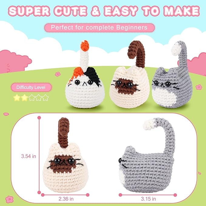 Cat Crochet Kit for Beginners-3PCS Cats Crochet Kits,Teacher Appreciation Gifts for Women, Crochet Starter Kit with Step-by-Step Video Tutorials,Crochet Animal Kits DIY Craft Learn to Crochet Kits