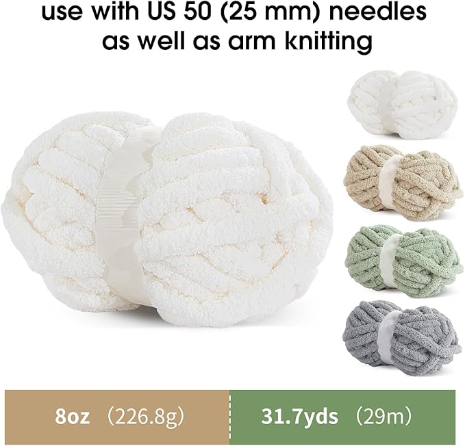 MABOZOO Assorted Chunky Yarn for Crocheting 8 Pack,Fluffy Jumbo Chenille Yarn,Soft Plush Yarn Bulky,Giant Thick Fuzzy Yarn for Hand or Arm Knitting,Cream & Khaki&Sage&Grey(31.7 yds,8 oz Each Skein)