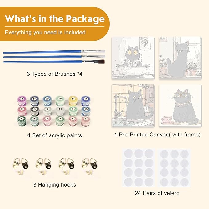NEWENMO 4 Pack Paint by Number for Kids with Wooden Frame, Funny Cat Paint by Numbers for Kids Ages 8-12, Cute Cats, DIY Acrylic Oil Painting for Beginners for Home Wall Decor 8X8 inch