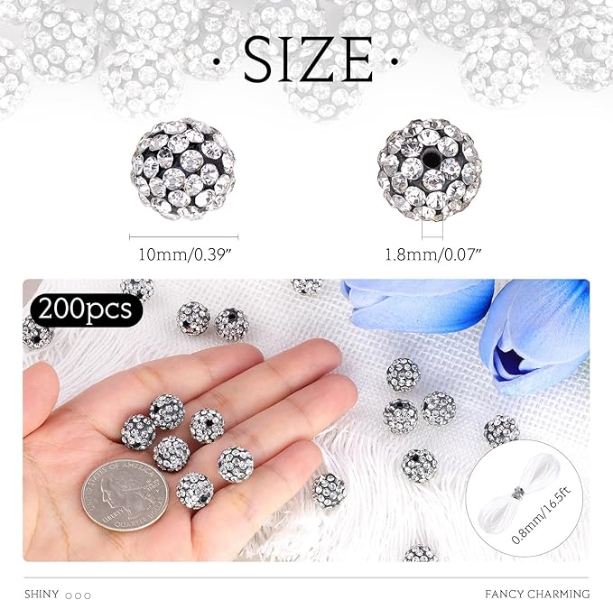 200 pcs black white rhinestone beads for jewelry making, sparkle crystal clay christmas for bracelet baseball necklace earring crafting and diy, shiny round shamballa disco ball beads bulk